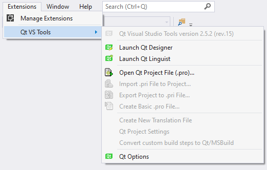 Qt Visual Studio Tools menu