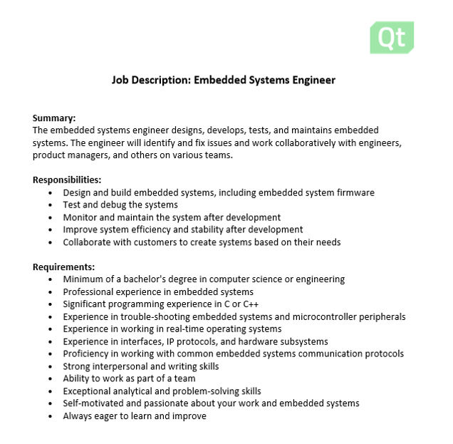 Embedded Systems Engineer Job Description